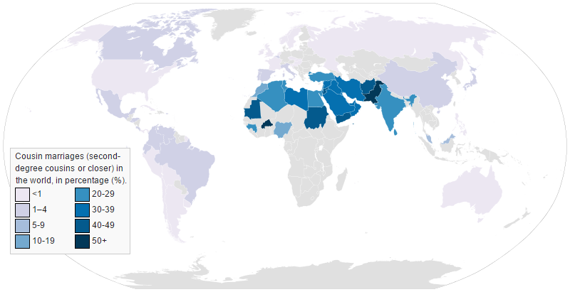 Global prevalence of first and second cousing marriage